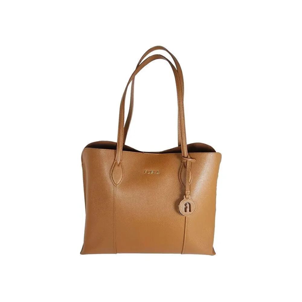 Furla Women's Vittoria Brown Pebbled Leather Logo Tote Handbags Purse